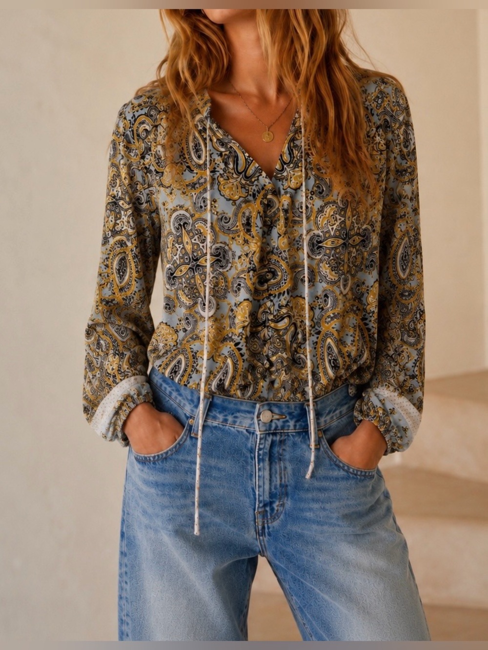 Free People Blue & Gold Paisley Printed Long Sleeve Button Down Blouse - Size XS